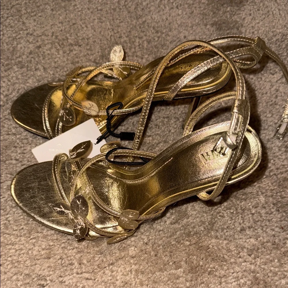 Zara Gold Leaf-Strap Satin Heel Sandals - Picture 5 of 5